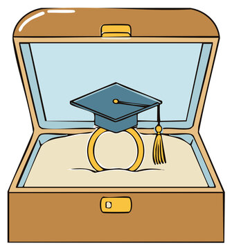 Hand-drawn illustration of a graduation cap on a golden ring inside an open jewelry box