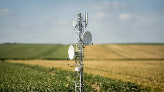 Medium shot of a small wireless relay tower with dishes delivering broadband amid expansive farmland main tower in sharp focus with blurred crop fields in the background.