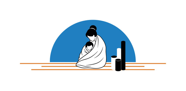 Black and white image of mother and child sitting side by side wrapped in blanket, oversized blue semicircle grounding composition like safe haven, thin orange