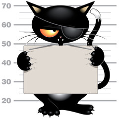 Black cat bad boy, criminal Kitty arrested. Mugshot at the Police Department. Humorous Cat cartoon in prison holding a panel backround. Vector illustration 