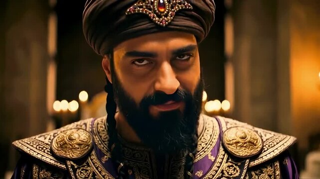 Purim, Regal Middle Eastern man in ornate sultan costume looking with a discerning expression for ancient power concept and historical storytelling