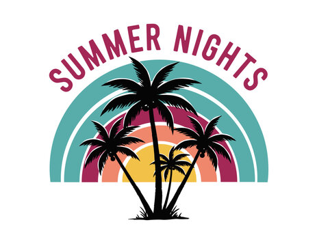 Summer nights vector graphic design for poster. Happy holiday. Welcome to summer paradise design. Palm tree silhouette. Retro sunset beach vibes.