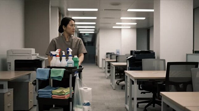 Asian woman cleaner pushes a cart with cleaning supplies and equipment through an empty office corridor. Professional janitorial service.