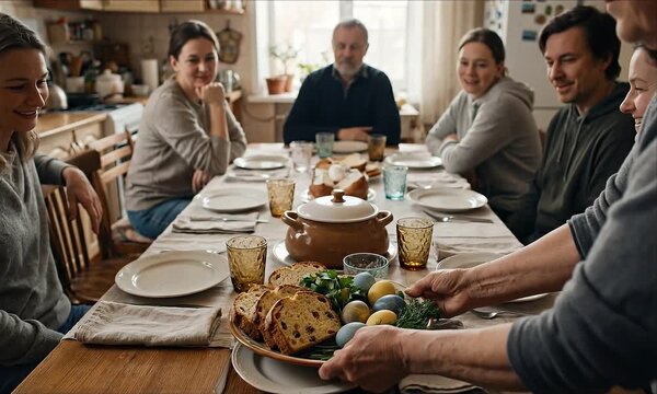 Hands serving easter kulich and colorful eggs to a family gathering around a festive dinner table for a holiday celebration.