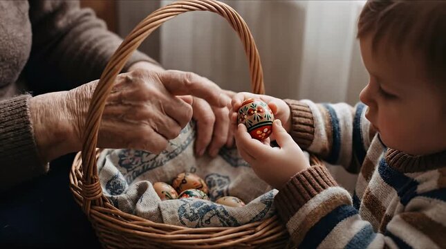 Woman and child placing painted easter eggs into a wicker basket for festive holiday preparation