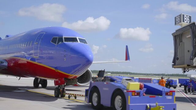 Ground Crew Preparing Blue Airplane At Jet Bridge On Airport Tarmac With Tow Tractor
