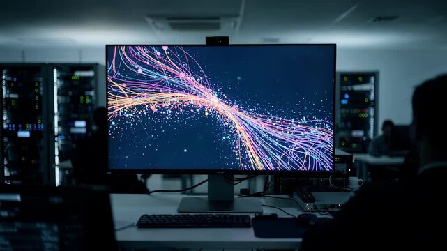 Medium shot inside ISP operations hub featuring a focused screen displaying dynamic reaction maps staff workstations and surroundings softly blurred for emphasis.