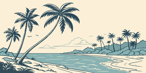 Tropical beach with palm trees and ocean waves at sunset sandy shore © Abu