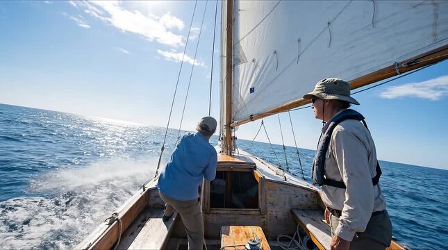 Two men sailing a classic sailboat on open waters, adjusting sails and navigating, embodying freedom and nautical travel.