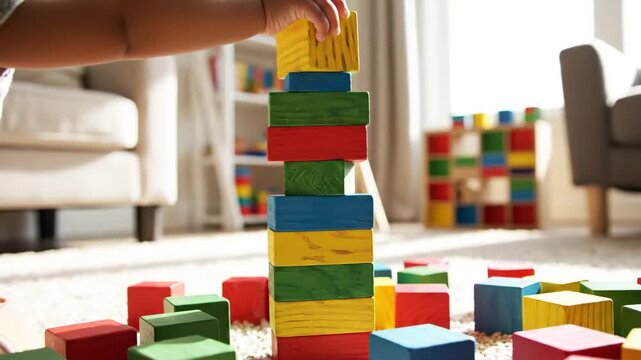 Child stacking colorful wooden blocks into tower on carpet for education and play content