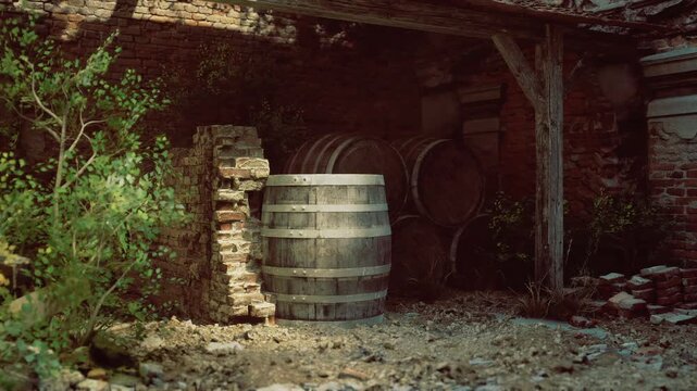 Single oak barrel by crumbling wall, France cellar corner warm amber light, stacked empty casks in background, dust motes and tactile wood grain for nostalgic