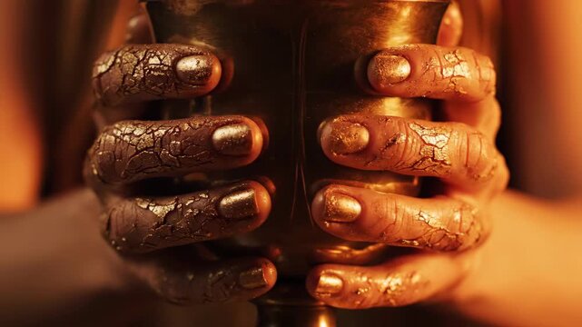 Gold painted hands gripping ornate chalice in dramatic cinematic close up for mystery and ritual content