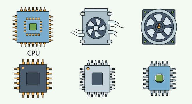 Collection of computer processors and cooling fans for technology.