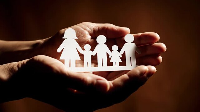 Hands holding paper cut family figures rising upward for protection and care concept