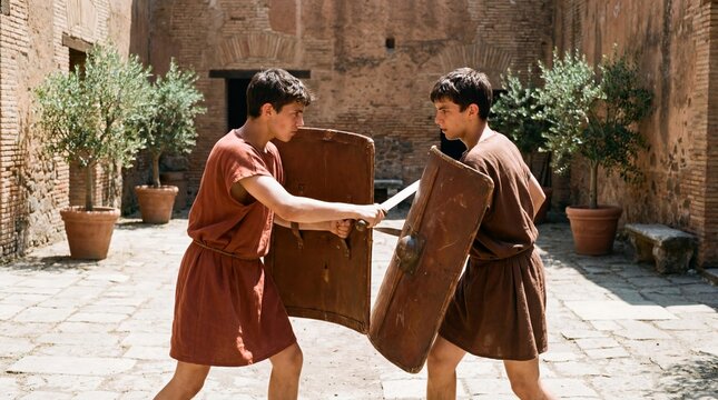 Two young male gladiators in ancient Roman attire practice fighting with a sword and shield on a sunny day. Historical reenactment for education