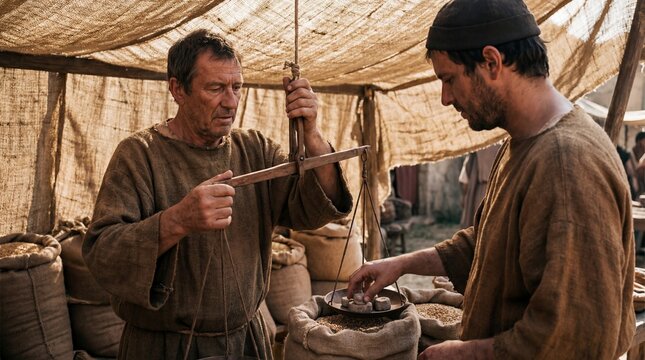 Trader man weighing grain using an antique balance scale at an outdoor market. Historical commerce, ancient trade, and traditional business concept.