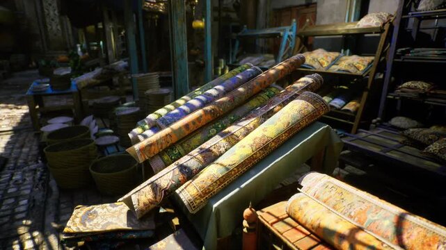 Sunlit egyptian market aisle with carpets, rows of rolled rugs displayed on wooden stands, warm golden sunlight casting deep shadows across textured patterns,