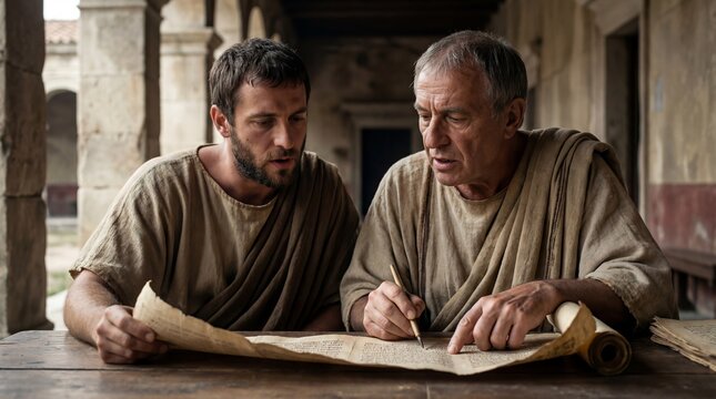 Two men in ancient robes reading a scroll with a stylus. Historical documentation, education, or religious text study concept.