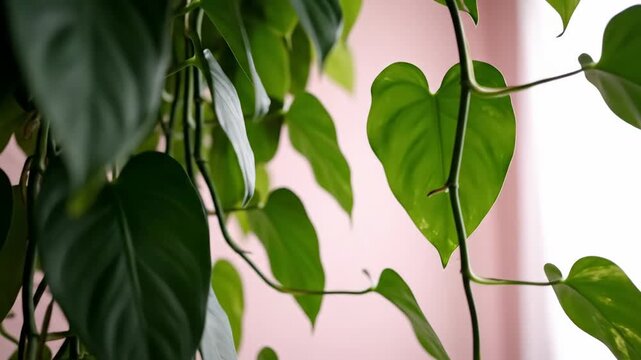 Tropical philodendron vines swaying gently indoors against pink wall for nature and home decor content