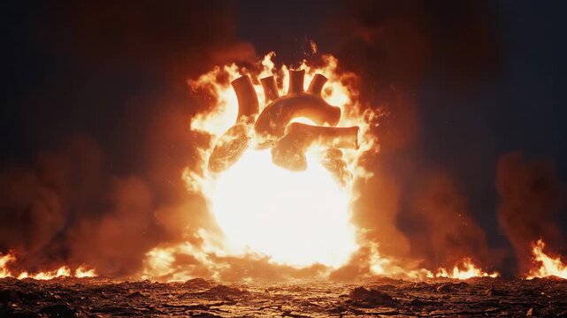 Burning anatomical heart emerging from massive explosion on dark cracked ground for dramatic intro