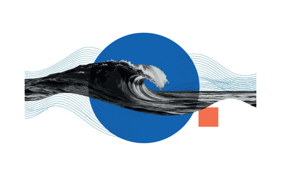Black and white image of ocean waves captured mid-motion, large cobalt blue circular form intersecting the crest, thin parallel lines enhancing rhythm and