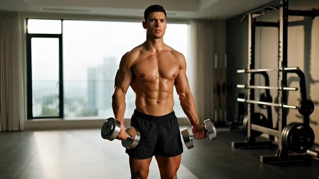 Muscular male athlete exercising with dumbbells in a modern fitness studio