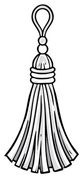 Hand drawn black and white illustration of a decorative hanging tassel