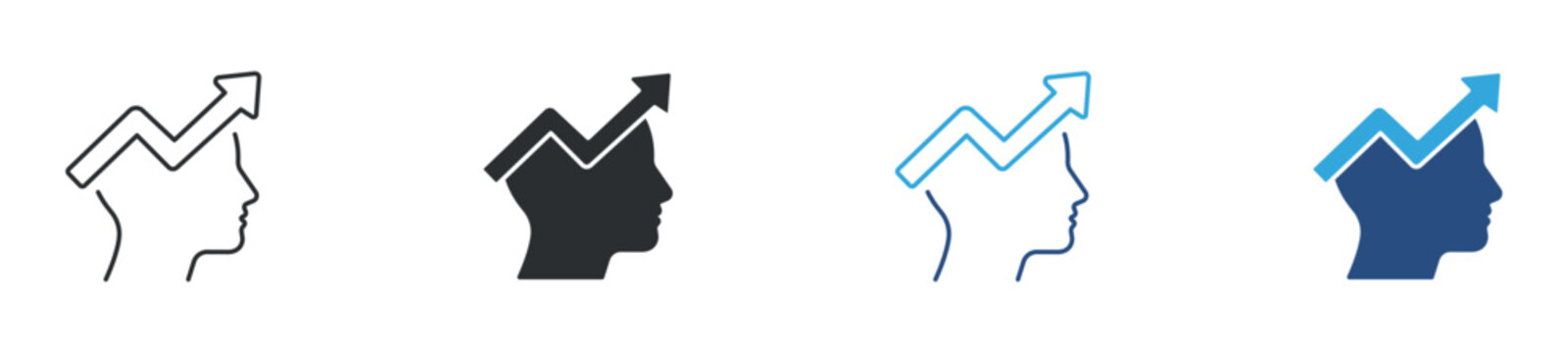 Business upskill icon set. Human head with upward arrow, skill development, career growth and learning improvement concept. Vector illustration.