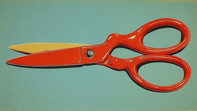 A pair of red scissors on a teal background with a shiny metallic look