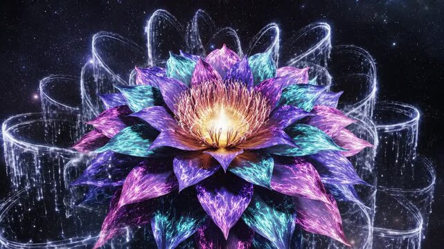 Cosmic lotus flower blooming and glowing in dark space background for spiritual and fantasy content