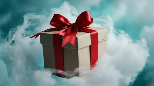 Gift box floating in clouds with red ribbon for holiday and celebration content