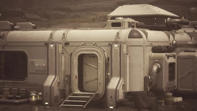 Service module space station corridor facing exterior, maintenance panels, sealed doorway and grated steps, industrial fixtures and weathered metal plates