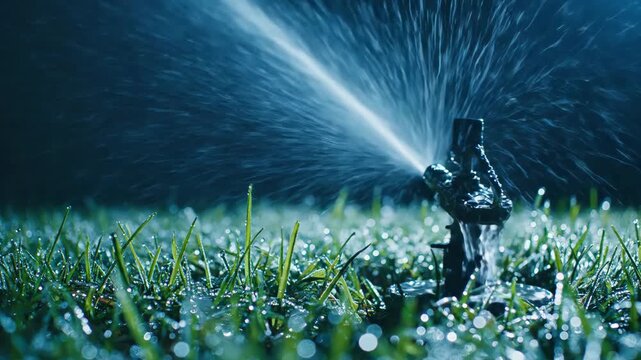 Lawn sprinkler spraying water over dewy green grass at night for garden and irrigation content