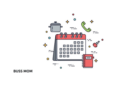 Busy mom schedule theme illustrated by a calendar icon surrounded by small task symbols like cooking pot, phone and notebook, expressing structured planning
