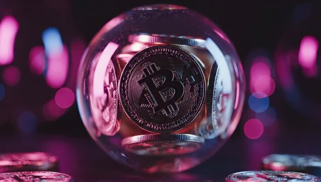 Bitcoin coins in transparent sphere on dark background. Digital currency investment concept. Colorful bokeh adds dynamic atmosphere. Investment growth and technology symbolize future.