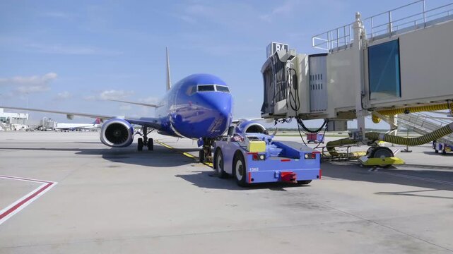 Ground Crew Preparing Blue Airplane At Jet Bridge On Airport Tarmac With Tow Tractor