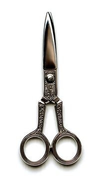 A pair of antique metal scissors with ornate handles isolated on white background