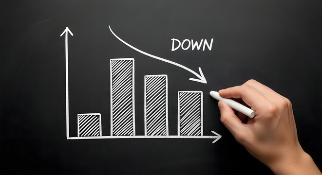 Hand drawing a declining bar chart on a blackboard with white chalk