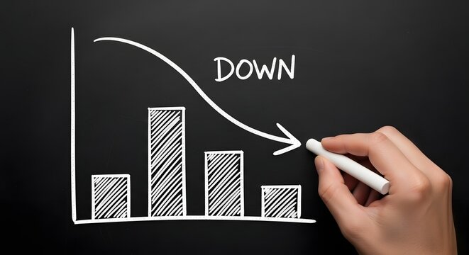 A hand drawing a declining graph on a blackboard with a white chalk