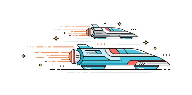Futuristic hover vehicle chase with streamlined shapes and glowing motion trails symbolizing advanced technology and extreme velocity. Clean layered elements