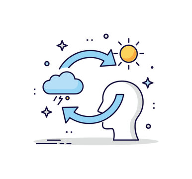 Positive reframing cycle circular arrow transforming from a small storm cloud into a bright sun near a head silhouette, illustrating mindset shift