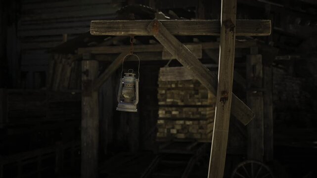 Empty sheriff post with hanging lantern in wild west town, wooden sign and porch beam suggest lawless quiet, weathered textures and twilight solitude.