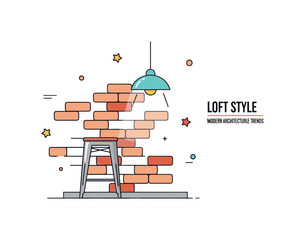 Interior industrial loft atmosphere illustrated through a simple brick wall pattern behind a metal stool and hanging lamp, conveying urban character and © Svitlana