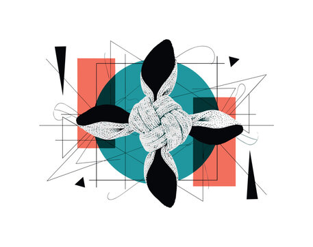 black and white fabric knot detail enlarged as focal point, framed by teal geometric circle and coral rectangular forms, thin grid lines and abstract shapes