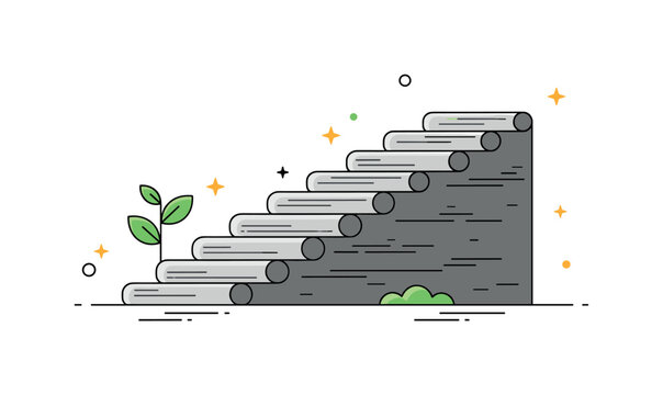 Stone steps ascending gently upward with subtle texture lines and a small plant growing beside the base, expressing progress and quiet resilience.