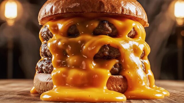 Melting cheese dripping over stacked beef burger on wooden table for food and restaurant content