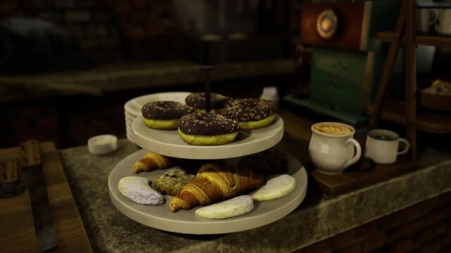 Tiered stand with croissants, donuts, coffee warm amber light highlights flaky croissants and chocolateglazed donuts on ceramic plates, steaming cup on wooden