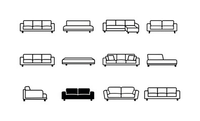 Fototapeta premium Modern Sofa. Line icon set of Modern Sofa: modern sofa front view, minimalist sofa, sectional sofa, two seat sofa, three seat sofa, low profile sofa, sofa with