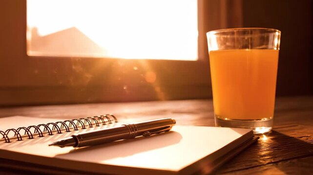 Spiral notebook and orange juice glowing in warm morning sunlight by window for lifestyle and productivity content