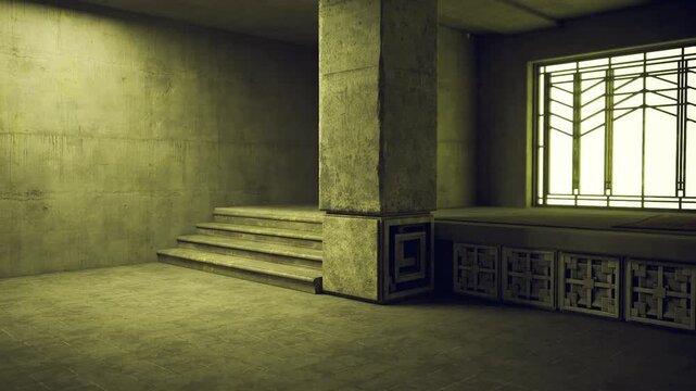 Austere concrete entrance hall with steps, decorative window and moody greenish glow. Heavy pillars frame a sunlit opening, sharp shadows carve geometry